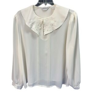 Vintage Objectives Ivory Blouse Womens 44 Embroidered Collar Pintuck Secretary